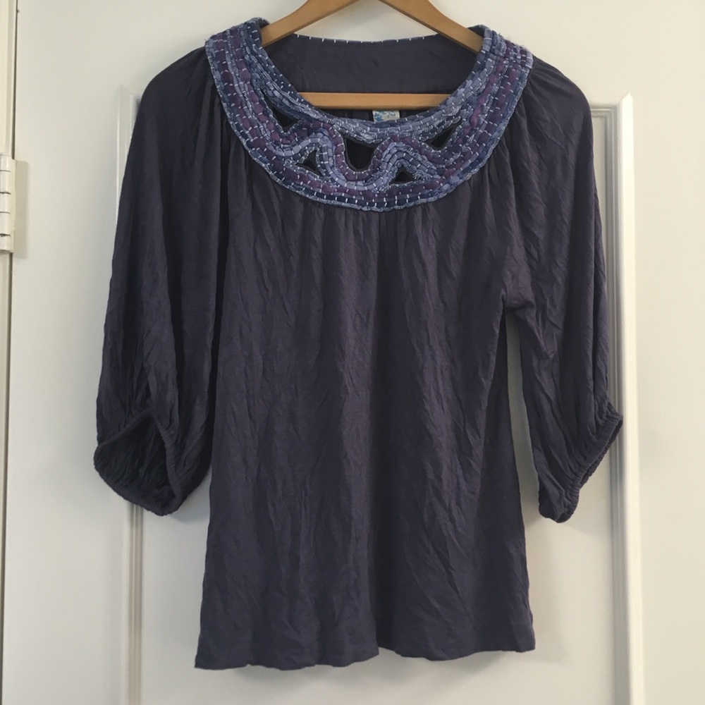 Anthropologie 3/4 Embellished Blue Top S